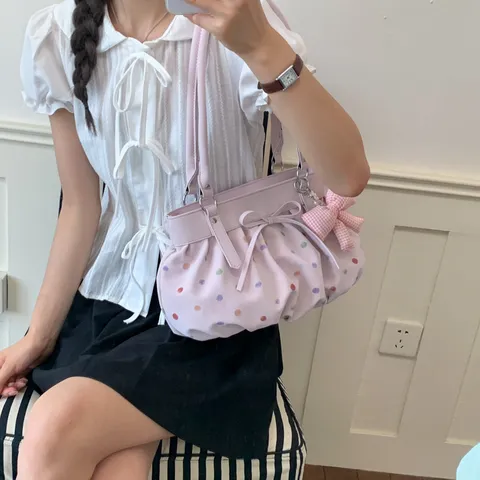 Bolso de Axila de Cuero PU para Mujer Bolso Tote Plisado Minimalista Bolso de Hombro con Lunares Bolso de Moda