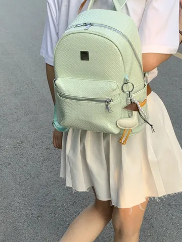Mochila Casual de Gran Capacidad para Mujer de Cuero PU con Patrón Tejido Bolso Escolar de Viaje con Colgante