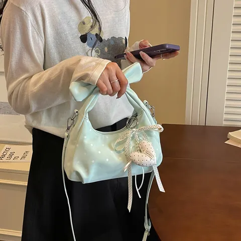 Bolso Bandolera de Lunares Medialuna de Moda para Mujer Casual PU Cuero Bolso con Lazo y Colgante de Perla