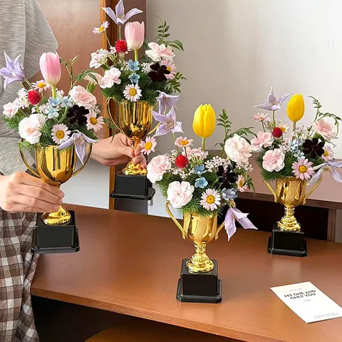 Golden Trophy Shape DIY Floral Arrangement Material Plastic Electroplated Trophy Ornament For Home Office School Teacher Day Decor