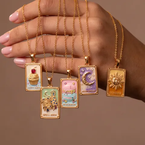 Stainless Steel Tarot Card Pendant Necklace Enamel Magic Book Macaron Moon Sun Cupcake Design Literary Casual Jewelry