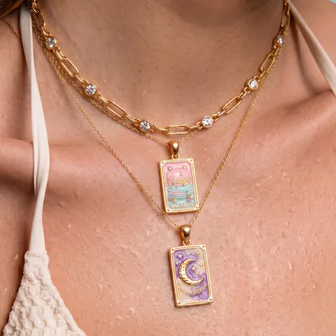 Stainless Steel Tarot Card Pendant Necklace Enamel Magic Book Macaron Moon Sun Cupcake Design Literary Casual Jewelry