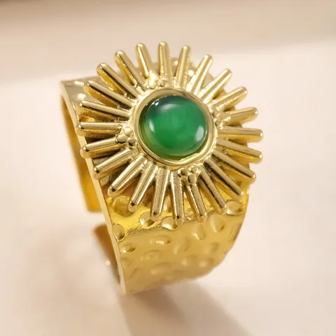 Vintage Edelstahl Open Ring Für Damen Vergoldet Sonnenblumen Katzenaugenstein Mode Fingerring Schmuck