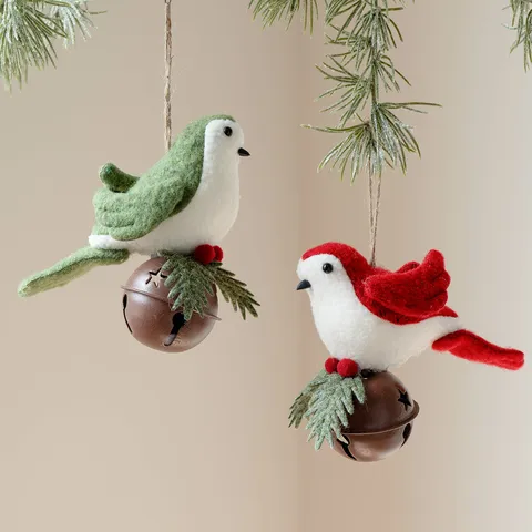 Christmas Tree Hanging Ornament Cute Plush Bird Figurine With Bell And Pine Needle Holiday Home Decor Party Decoration