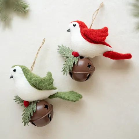 Christmas Tree Hanging Pendant Cute Bird with Bell and Pine Branch Decoration Plush Iron Foam Festival Party Ornament
