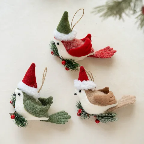 Christmas Tree Hanging Ornament Cute Plush Bird Figurine With Bell And Pine Needle Holiday Home Decor Party Decoration