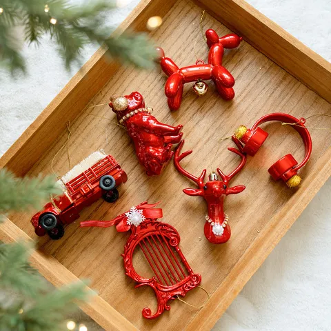 Red Christmas Tree Hanging Ornaments Resin Plastic Car Reindeer Dog Harp Festive Holiday Party Home Decor Hanging Pendant
