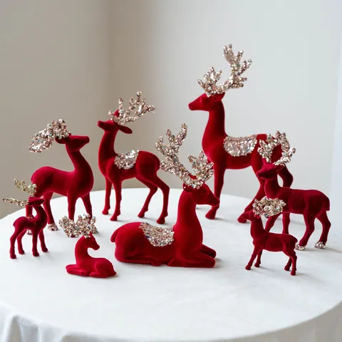 Christmas Reindeer Figurine Red Flocked Deer Ornament Glitter Sequin Desktop Decor Holiday Party Window Display Home Decoration