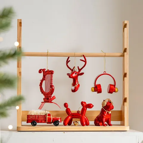 Red Christmas Tree Hanging Ornaments Resin Plastic Car Reindeer Dog Harp Festive Holiday Party Home Decor Hanging Pendant