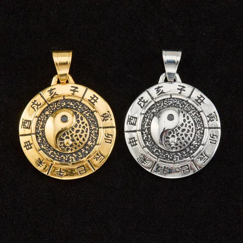 Stainless Steel Tai Chi Bagua Yin Yang Pendant Hip Hop Retro Twelve Zodiac Sign Charm Pendant Only Without Chain For Men Women