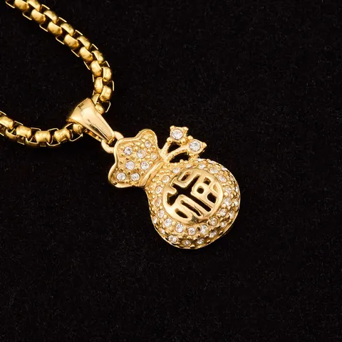 Stainless Steel Fortune Bag Pendant For Women High-end Luxurious Hollow Pave Rhinestone Good Luck Charm Gold Jewelry