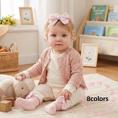 Baby Newborn Bow Headband and Socks Set Soft Ribbed Knit Solid Color Toddler Infant Hair Accessories Gift for Girls