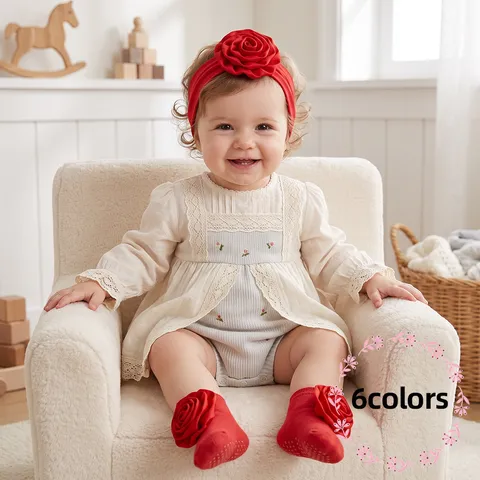 Ensemble de Bandeau Floral et Chaussettes Antidérapantes pour Nouveau-né Filles en Polyester Rosette Accessoires de Coiffure Chaussettes