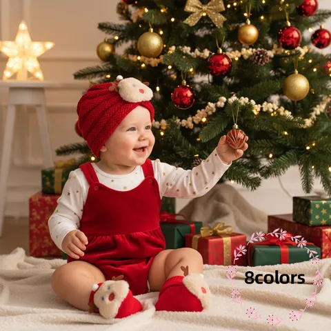 Baby Christmas Knit Hat And Socks Set Toddler Winter Warm Beanie With Santa Reindeer Pattern Festive Apparel Accessories
