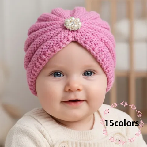 Baby Turban Beanie Hat With Pearl Rhinestone Flower Knot Soft Knitted Newborn Infant Hospital Cap For Toddler Girls Daily