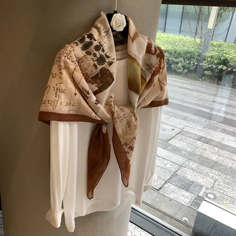 Women's Vintage Newspaper Print Silk Feel Square Scarf Lightweight Sun Protection Shawl Wrap Scarf Accessories