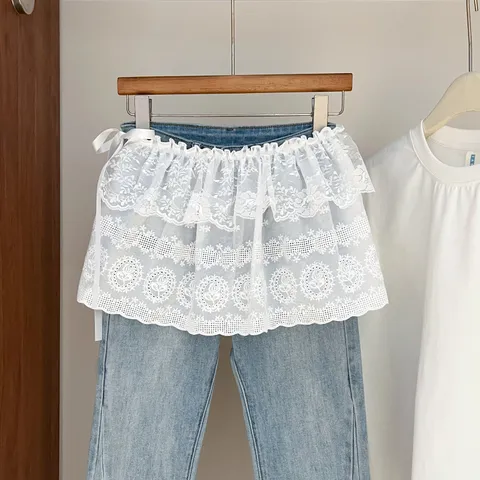 Women's Korean Style White Lace Skirt Hem Overlay For Jeans Layering Mesh Embroidered Floral Ruffled Skirt Extender Accessories