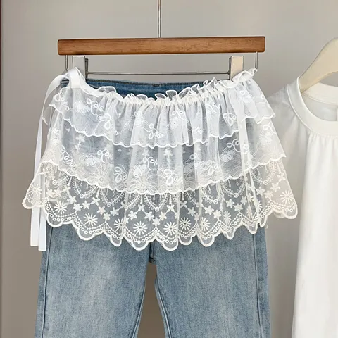 Γυναικεία Φούστα Layering Ποδιά Λευκή Δαντέλα Mesh Βολάν Επέκταση Φούστας Τύπωμα Ηλίανθος Μαργαρίτα Κορεατικό Στυλ Αξεσουάρ