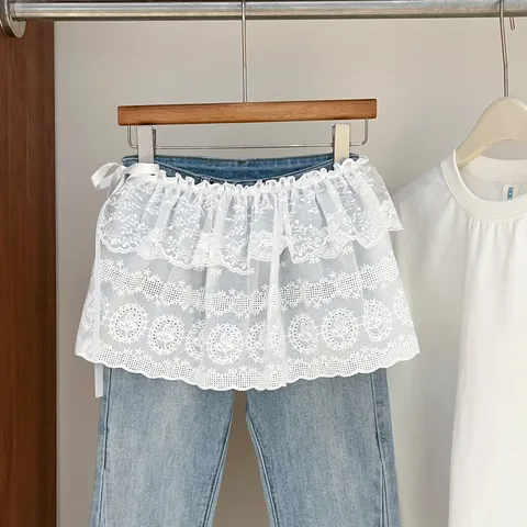 Women's Korean Style White Lace Skirt Hem Overlay For Jeans Layering Mesh Embroidered Floral Ruffled Skirt Extender Accessories