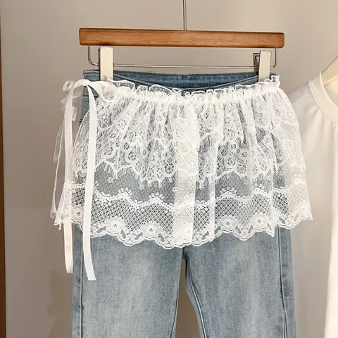 Damen Sexy Blumen Spitze Rockverlängerung Gefälschte Zweiteilige Gestufte Rüschen Minirock Süßes Schichtendes Taillenband Zubehör