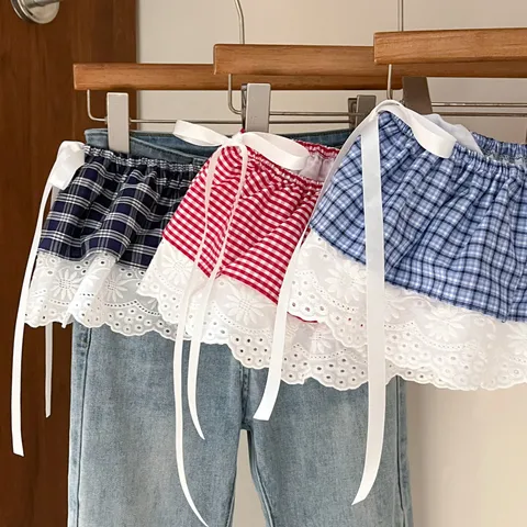 Falda de Capas de Encaje a Cuadros Estilo Coreano para Mujer Extensor de Falda Decorativo Moda Primavera Verano