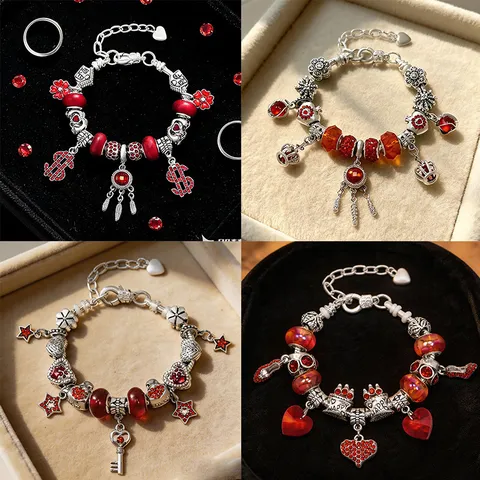 Bracelet Charm DIY pour Femmes Perles Cœur en Strass Rouge Plaqué Argent Bijoux Romantiques Cadeau de la Saint Valentin
