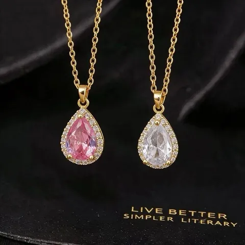 Water Drop Zirconia Pendant Necklace Copper Gold Plated Pear Shape Sparkling Gemstone Jewelry For Women Daily Wear Accessory