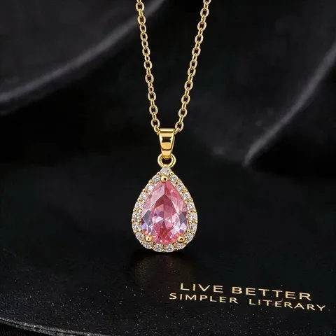 Water Drop Zirconia Pendant Necklace Copper Gold Plated Pear Shape Sparkling Gemstone Jewelry For Women Daily Wear Accessory