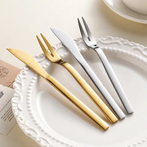 Modern Minimalist 410 Stainless Steel Dessert Fruit Fork And Mooncake Knife Mirror Polished Gold Silver Cutlery For Hotel Home Birthday Cake Afternoon Tea