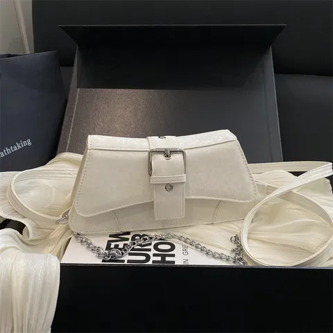 Vintage Stone Pattern Women Shoulder Baguette Bag With Metal Chain Link Small PU Leather Crossbody Bag Underarm Handbag