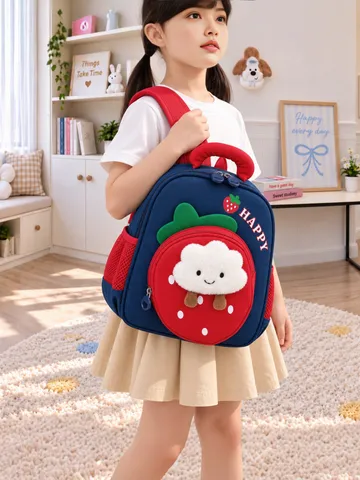Kids Cute Strawberry Cloud Pattern Backpack 3D Plush Decoration School Bag For Toddler Preschool Boys Girls Canvas Backpack