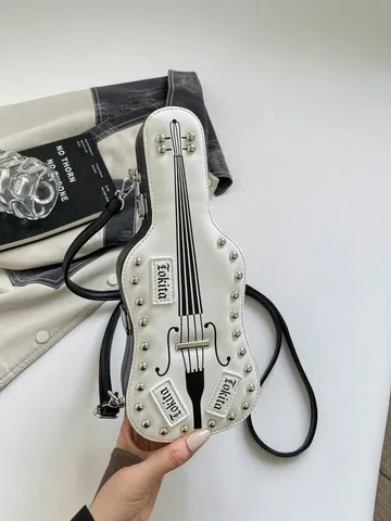 Y2K Fashion Guitar Shaped Crossbody Bag For Women PU Leather Rivet Guitar Case Shoulder Bag Punk Style Streetwear Handbag