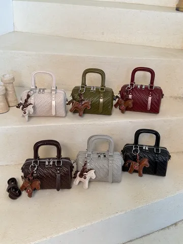 Vrouwen Geweven PU Leer Cilindrische Kussentas Retro Koreaanse Stijl Handtas Schoudertas Met Paardenhanger