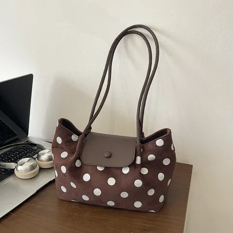 Bolso Tote de Lunares para Mujer Vintage de Tela Flocada Bolso de Hombro Con Solapa Hebilla Magnética Urbano Simple Bolso de Mano Mujer