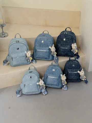 Women Denim Backpack With Bear Pendant Chic Urban Stitching Minimalist Lightweight Travel School Shoulder Bag For Youth Lady