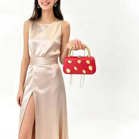 Luxury Women Metal Handle Evening Bag PU Leather Hard Case Box Clutch Banquet Party Chain Crossbody Phone Bag Minimalist Vintage Handbag