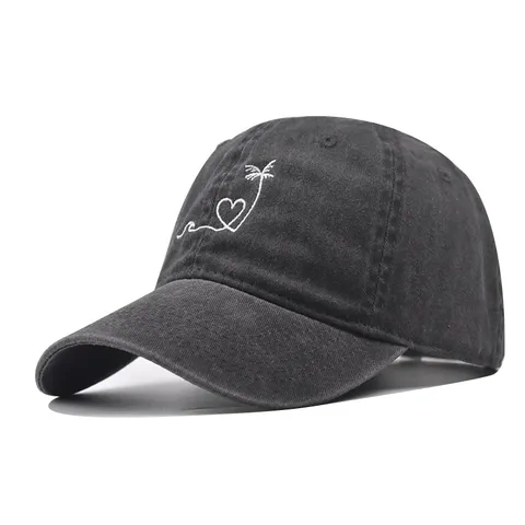 Washed Cotton Baseball Cap Embroidered Coconut Tree Heart Outdoor Sun Protection Dad Hat Casual Adjustable Cap