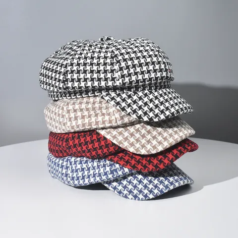 Women Fashion Houndstooth Baker Boy Hat Vintage Newsboy Cap Warm Woolen Octagonal Hat Casual Painter Hat For Ladies