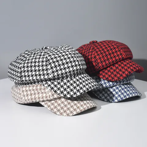 Women Fashion Houndstooth Baker Boy Hat Vintage Newsboy Cap Warm Woolen Octagonal Hat Casual Painter Hat For Ladies