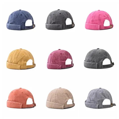 Men's Washed Denim Docker Hat Vintage Distressed Brimless Melon Hat Street Trend Cotton Adjustable Sailor Cap
