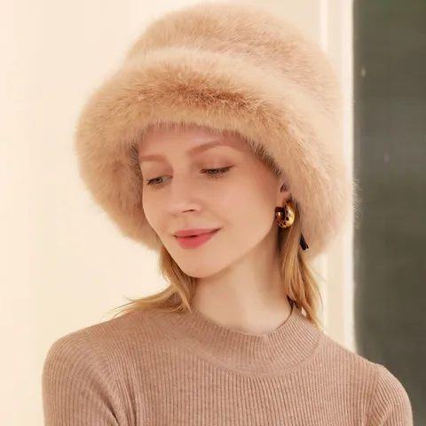 Women Winter Warm Fox Fur Bucket Hat Plush Thickened Ear Protection Solid Color Casual Outdoor Fisherman Hat