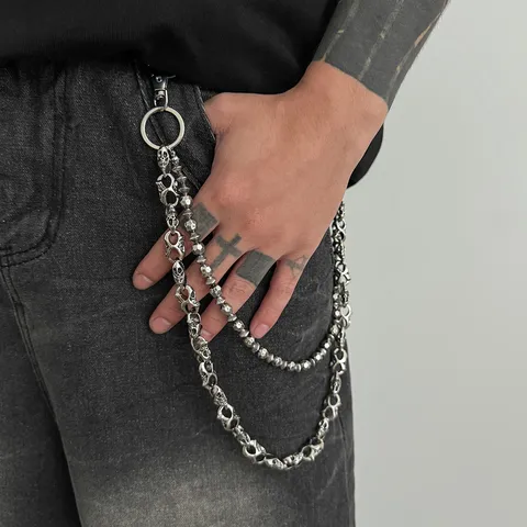 Men Gothic Skull Beaded Double Layer Pants Chain Hip Hop Punk Alloy Wallet Chain Streetwear Trouser Chain Jewelry