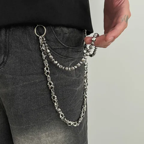 Men Gothic Skull Beaded Double Layer Pants Chain Hip Hop Punk Alloy Wallet Chain Streetwear Trouser Chain Jewelry