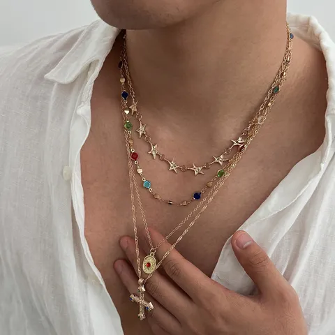 Ensemble de Collier Multicouche Vintage pour Hommes Allié Strass Croix Étoile Pendentif Chaîne Multicouche Bijou de Mode Cadeau