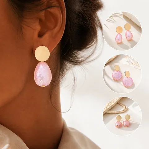 Sweet Pink Pearlescent Pleated Artificial Pearl Stud Earrings For Women Iron Alloy Heart Star Teardrop Geometric Ear Jewelry With Stainless Steel Post