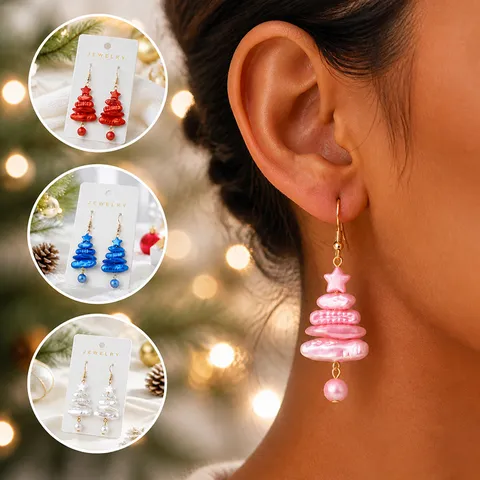 Christmas Tree Irregular Artificial Pearl Drop Earrings For Women Festive Star Pendant Alloy Ear Hook Holiday Jewelry