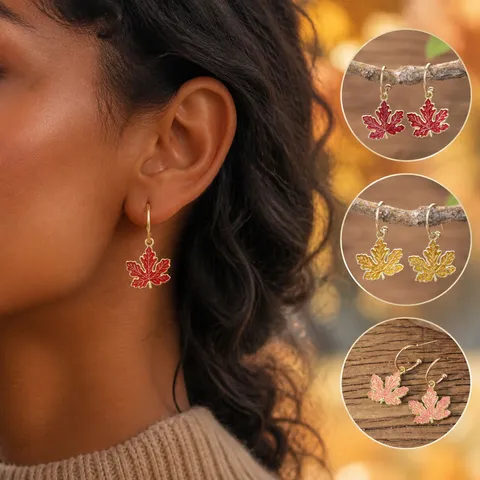 Vintage Zinc Alloy Oil Dripping Maple Leaf Hoop Earrings For Women Gold Edge Fall Winter Leaf Dangle Earring Jewelry