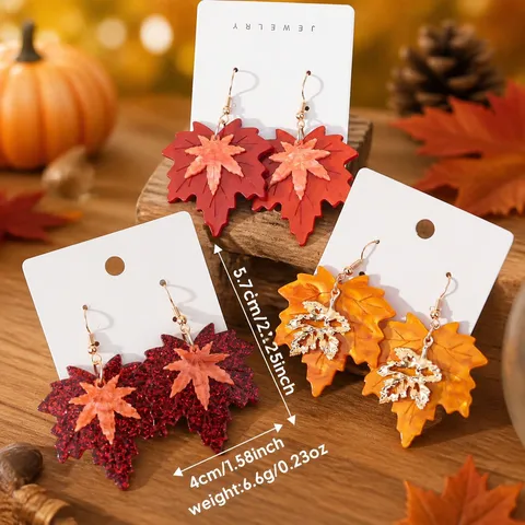 Retro Maillard Double Layer Maple Leaf Drop Earrings For Women Autumn Winter Contrast Color Acrylic Zinc Alloy Ear Hook Earrings
