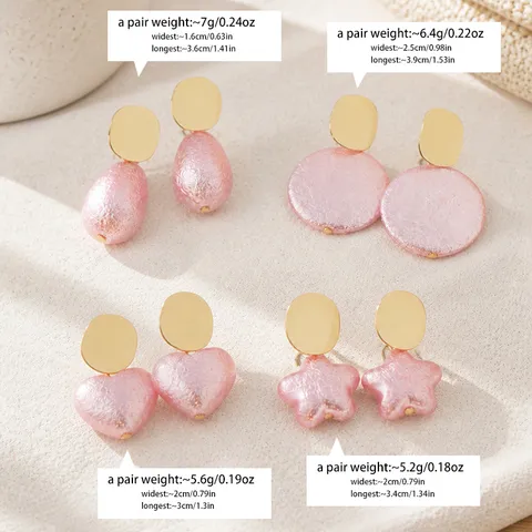 Sweet Pink Pearlescent Pleated Artificial Pearl Stud Earrings For Women Iron Alloy Heart Star Teardrop Geometric Ear Jewelry With Stainless Steel Post