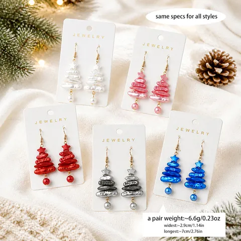 Christmas Tree Irregular Artificial Pearl Drop Earrings For Women Festive Star Pendant Alloy Ear Hook Holiday Jewelry